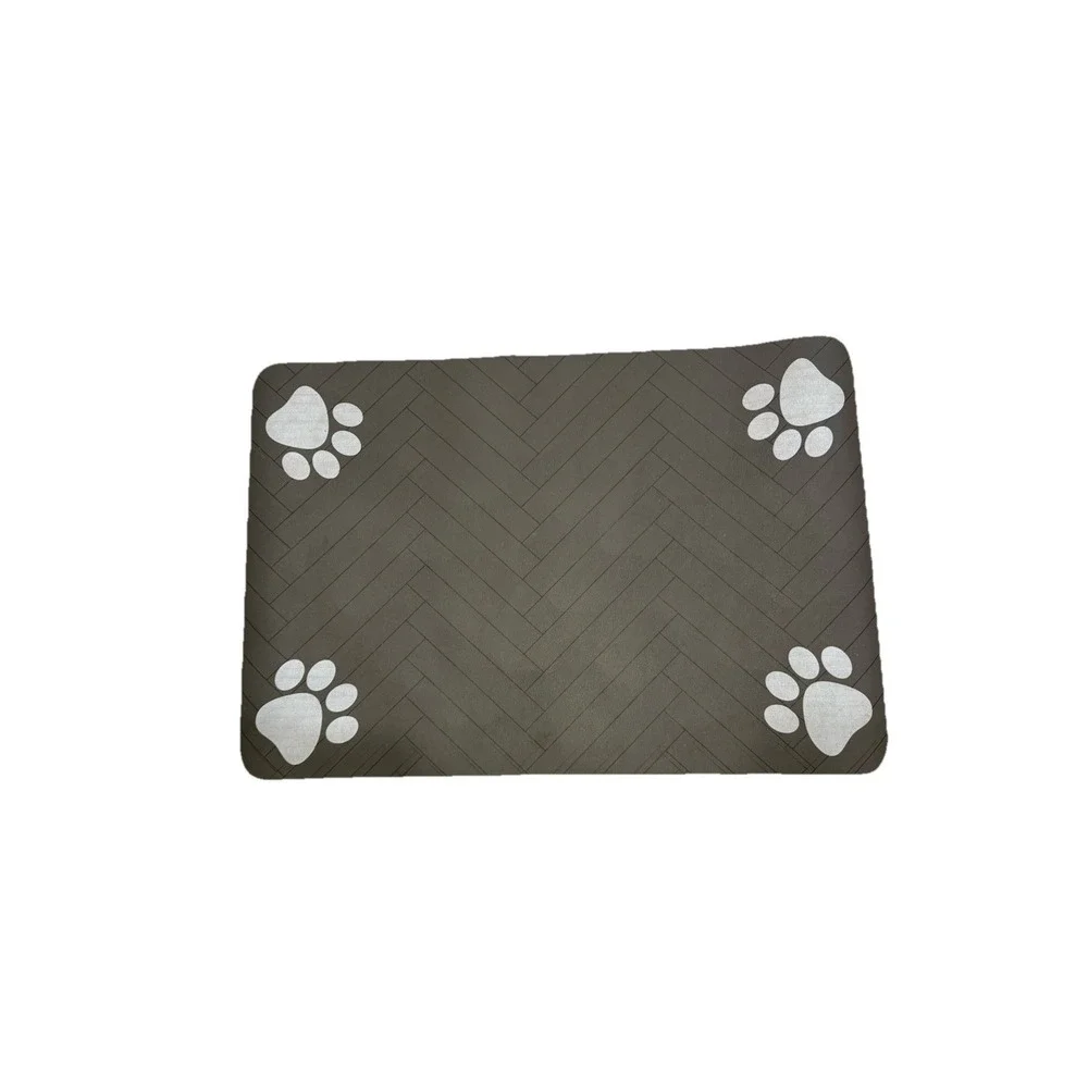Grey Absorbent Paw Print Pet Food Mat Waterproof Herringbone‎ Design 16x24